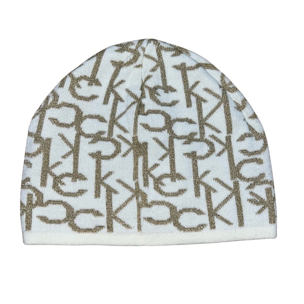 Calvin Klein Logo Beanie Hat Gold CK Print White Warm Winter One Size